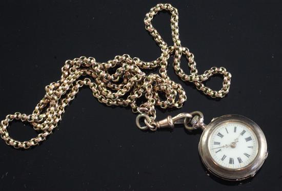 An early 20th century engine turned 14ct gold fob watch, chain 29in.